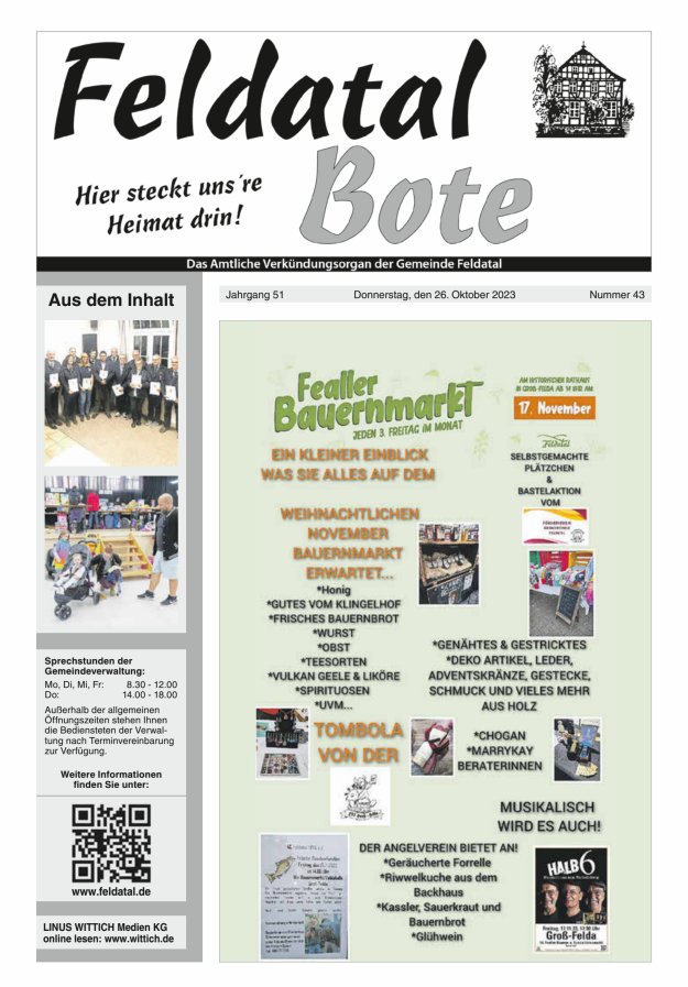 Das Amtliche Verkündungsorgan der Gemeinde Feldatal Titelblatt 43/2023