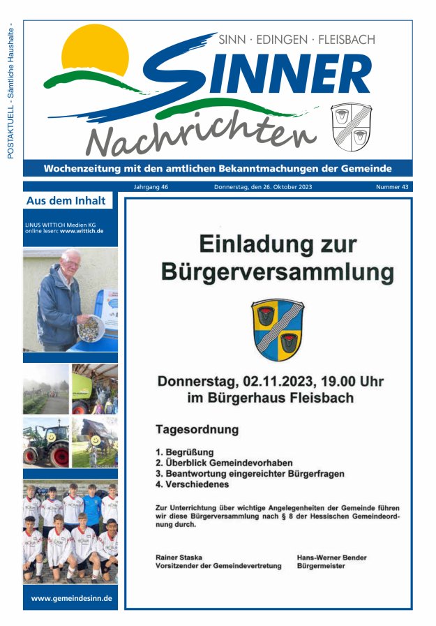 Sinner Nachrichten Titelblatt 43/2023
