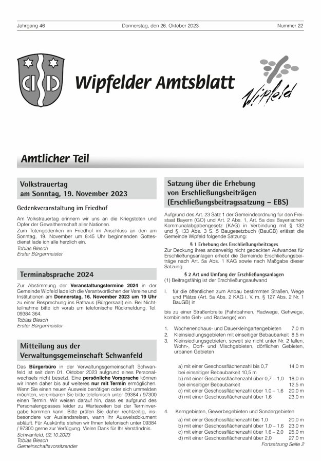 Wipfelder Amtsblatt Titelblatt 22/2023