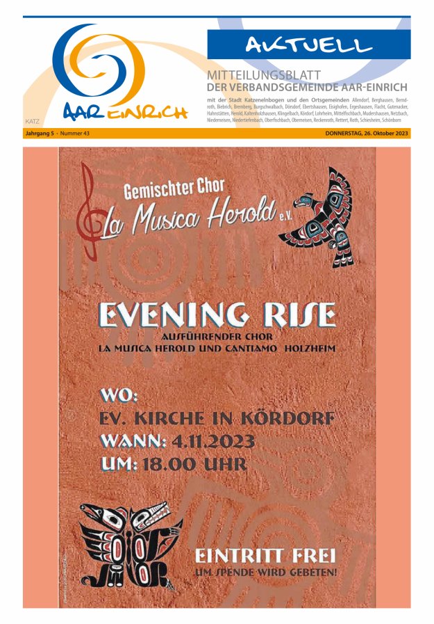 Mitteilungsblatt der Verbandsgemeinde Aar-Einrich Ausgabe Katzenelnbogen Titelblatt 43/2023