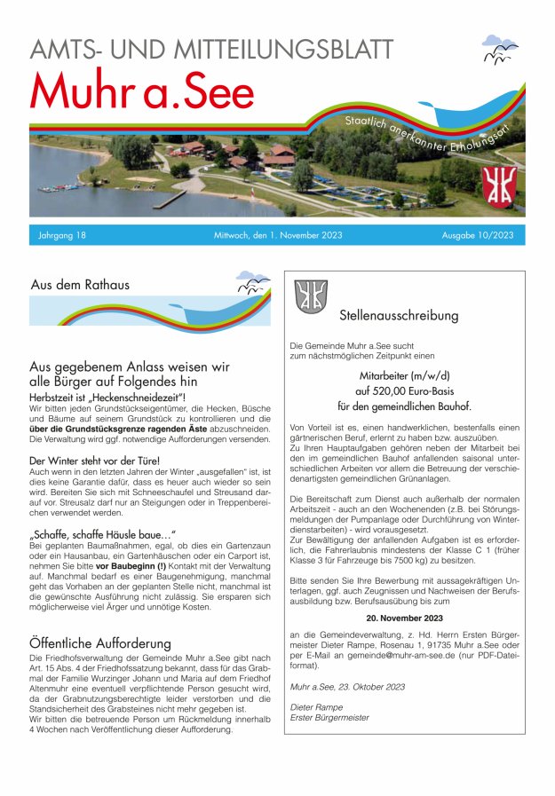Muhrer Heimatbrief Amts- u Mitteilungsblatt der Gemeinde Muhr a See Titelblatt 10/2023