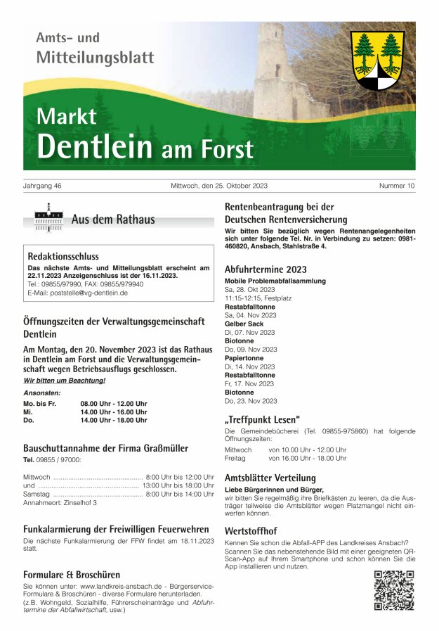 Amts- und Mitteilungsblatt Markt Dentlein am Forst Titelblatt 10/2023