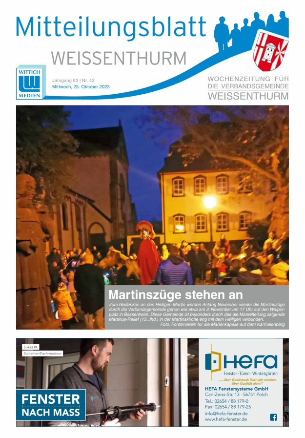 Mitteilungsblatt für den Bereich der Verbandsgemeinde Weißenthurm Titelblatt 43/2023