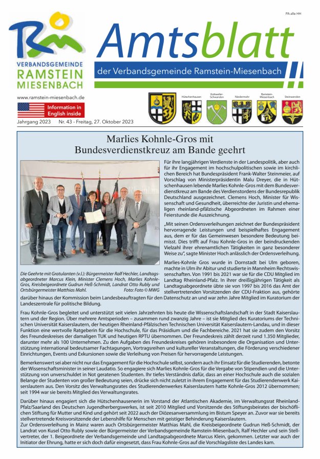 Amtsblatt VG Ramstein-Miesenbach Titelblatt 43/2023