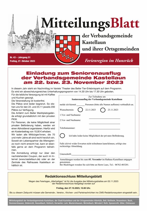 Mitteilungsblatt Kastellaun Titelblatt 43/2023