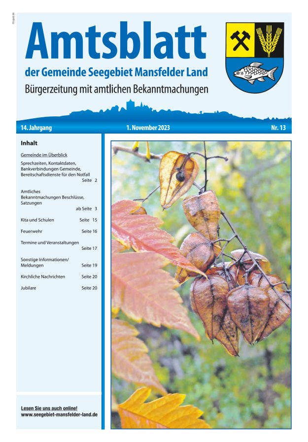 Amtsblatt der Gemeinde Seegebiet Mansfelder Land Titelblatt 13/2023