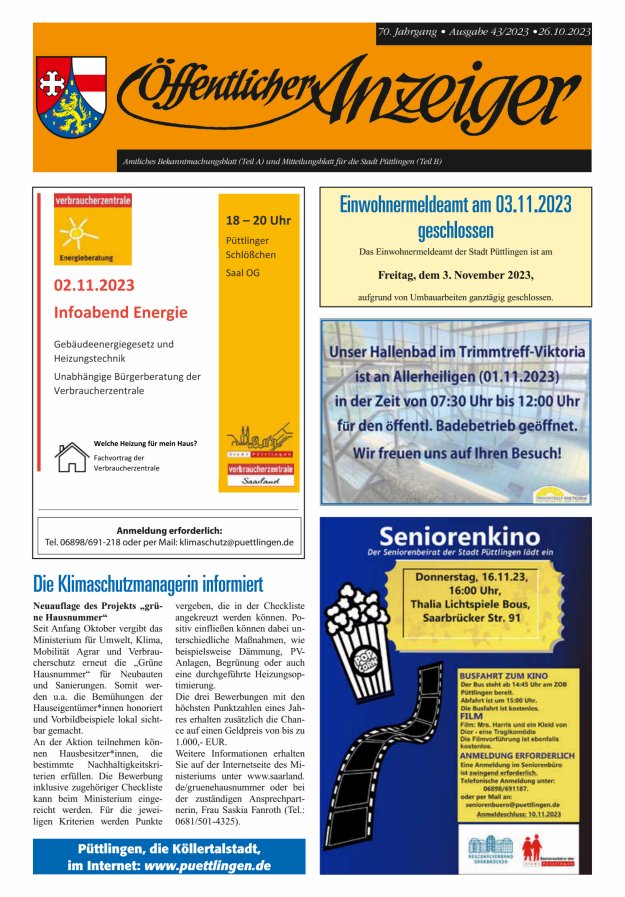 Öffentlicher Anzeiger - Stadt Püttlingen Titelblatt 43/2023
