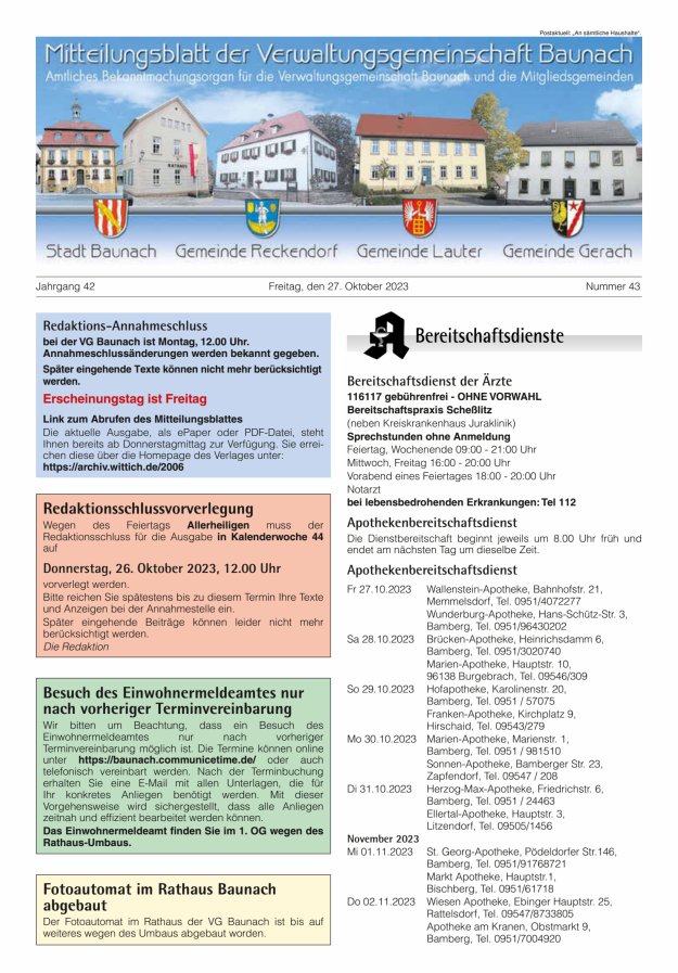 Mitteilungsblatt Verwaltungsgemeinschaft Baunach Titelblatt 43/2023