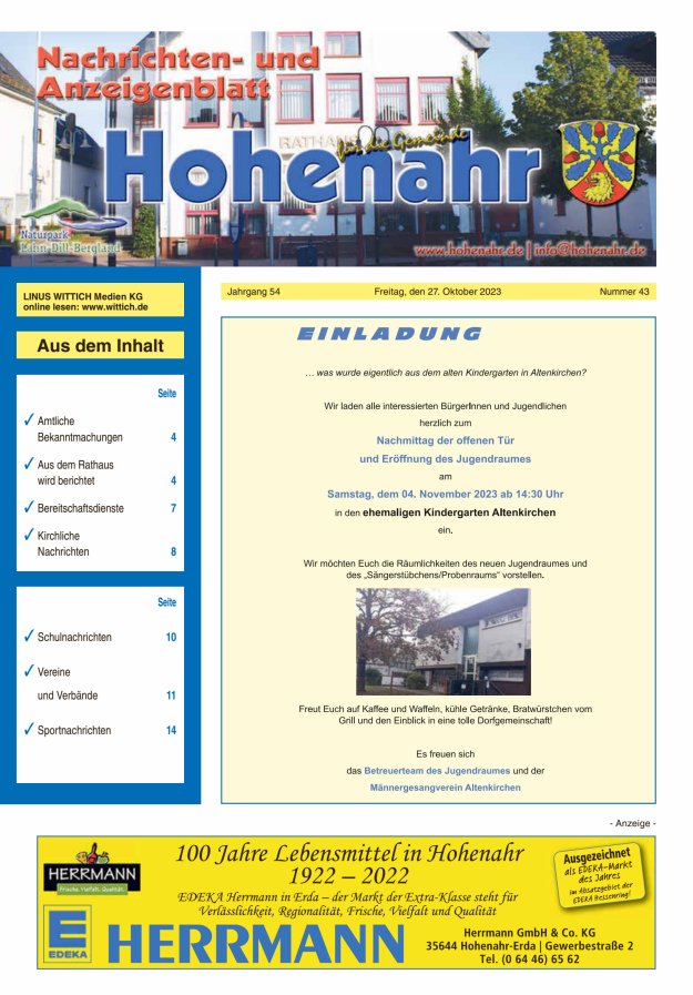 Nachrichten- und Anzeigenblatt für die Gemeinde Hohenahr Titelblatt 43/2023