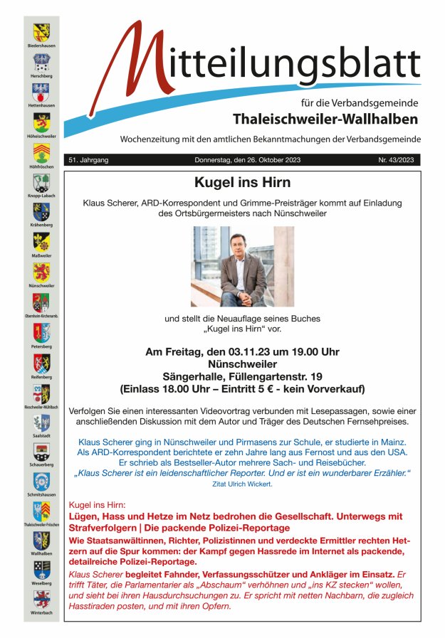 Mitteilungsblatt VG Thaleischweiler-Wallhalben Titelblatt 43/2023