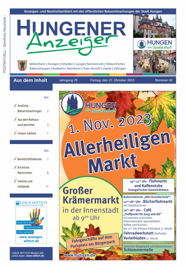 Anzeigen- und Nachrichtenblatt mit den öff  Bekanntmachungen der Stadt Hungen Titelblatt 43/2023