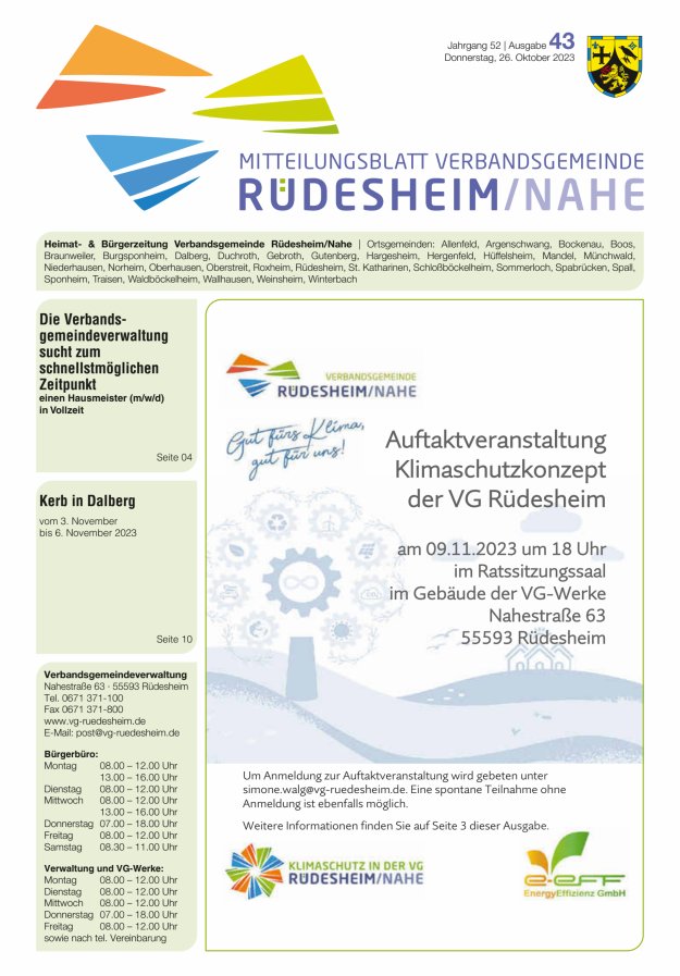 Mitteilungsblatt Verbandsgemeinde Rüdesheim und zugehörige Ortsgemeinden Titelblatt 43/2023
