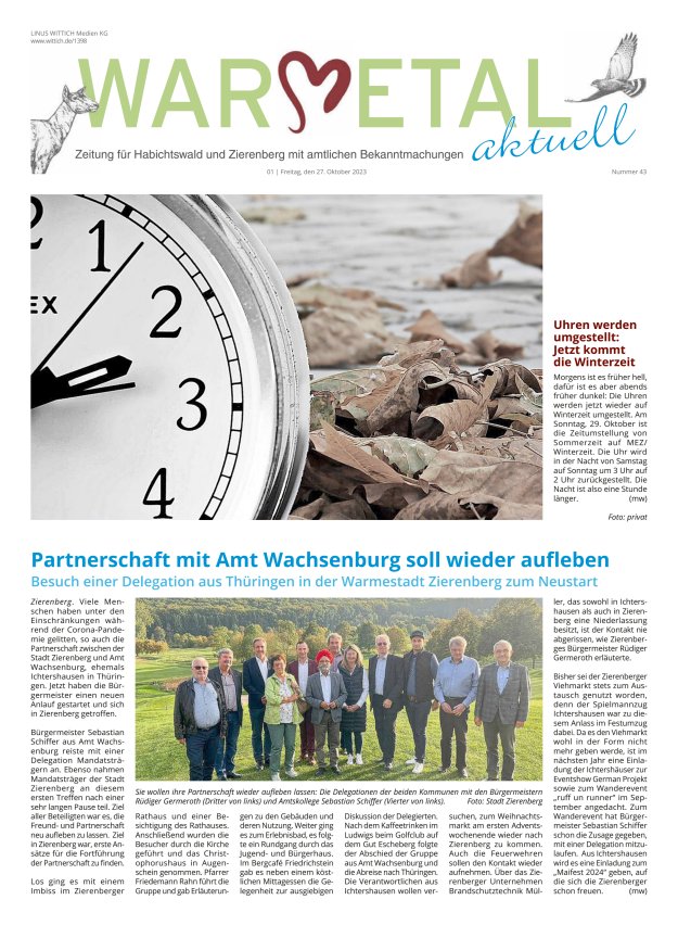 Warmetal aktuell (Habichtswald + Zierenberg) Titelblatt 43/2023
