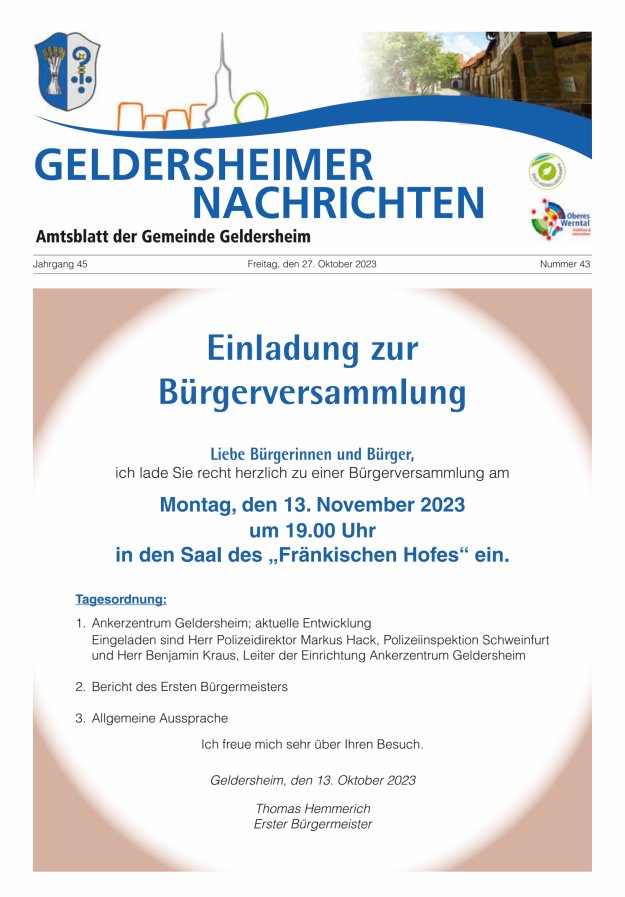 Geldersheimer Nachrichten Amtsblatt der Gemeinde Geldersheim Titelblatt 43/2023