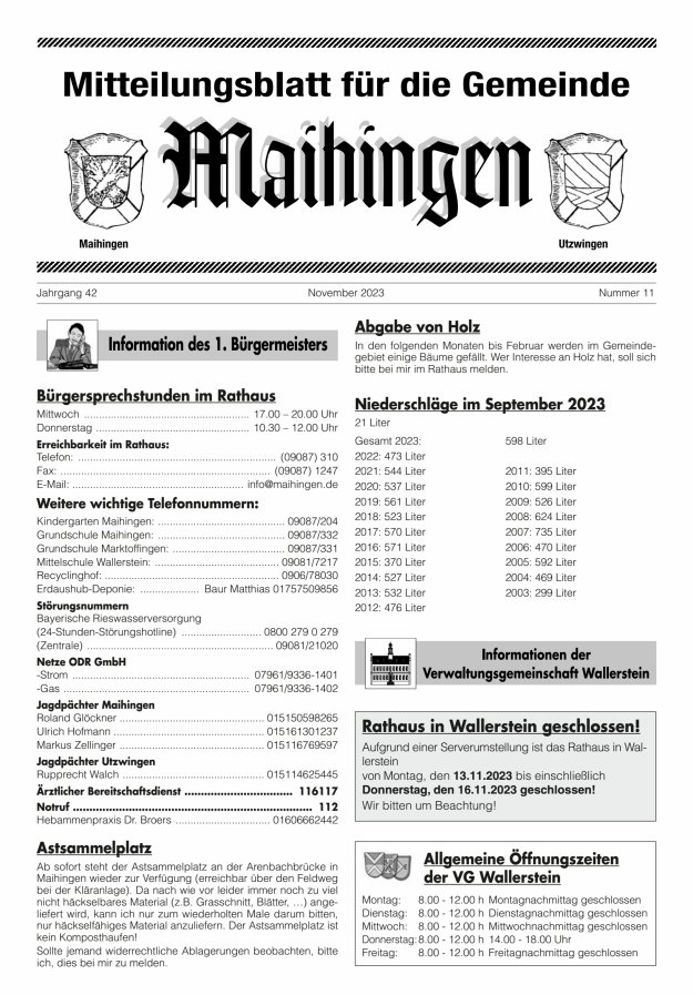 Mitteilungsblatt für die Gemeinde Maihingen Titelblatt 11/2023