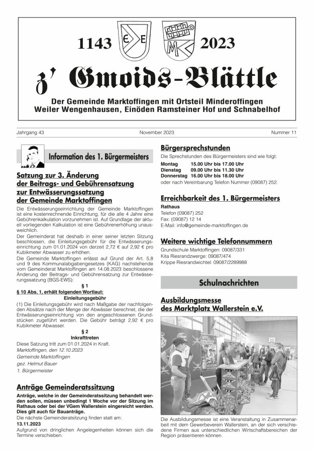 z'Gmoids-Blättle der Gemeinde Marktoffingen mit Ortsteilen Titelblatt 11/2023