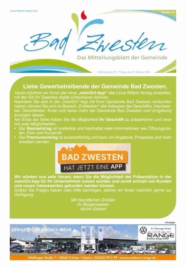 Heimatzeitung Bad Zwesten Titelblatt 43/2023
