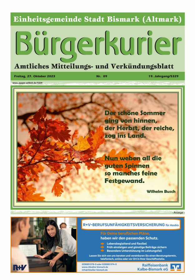 Bürgerkurier der Einheitsgemeinde Stadt Bismark (Altmark) Titelblatt 09/2023