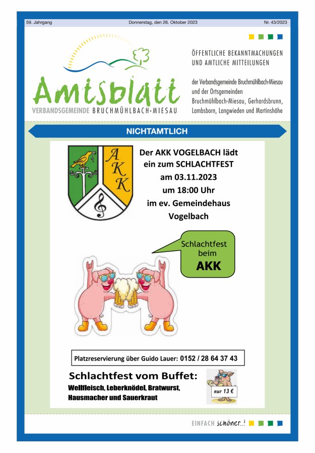 Amtsblatt der VG Bruchmühlbach-Miesau Titelblatt 43/2023