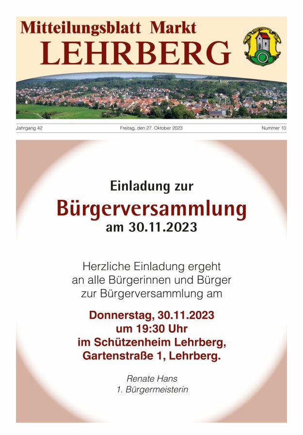 Mitteilungsblatt Markt Lehrberg Titelblatt 10/2023