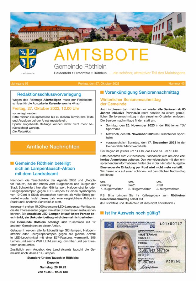 Amtsbote der Großgemeinde Röthlein Titelblatt 43/2023