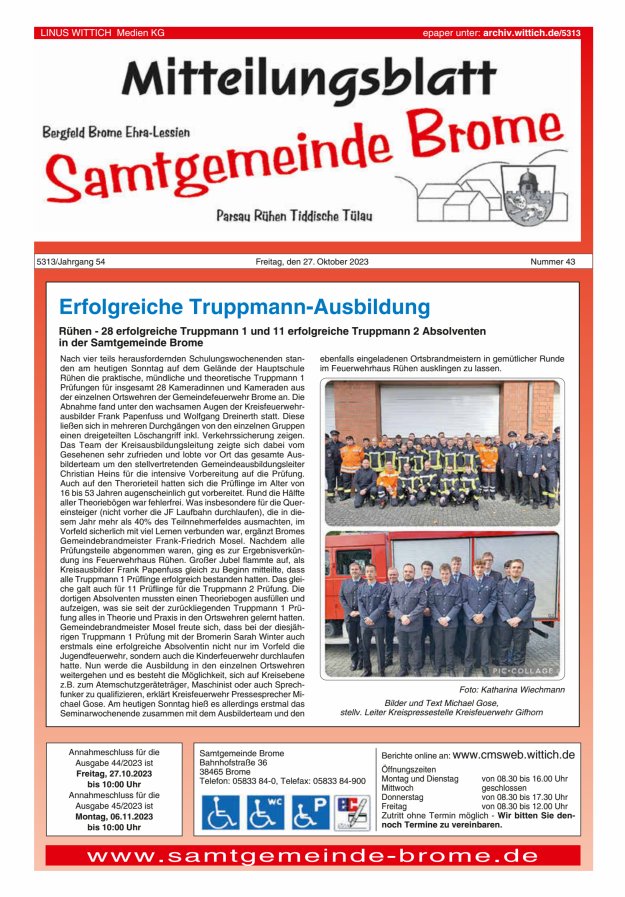 Mitteilungsblatt der Samtgemeinde Brome Titelblatt 43/2023