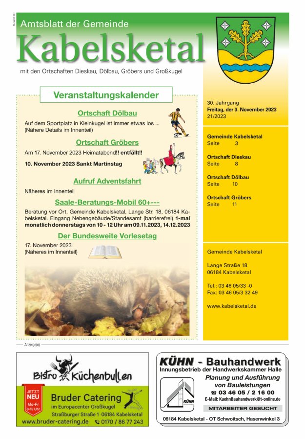 Amtsblatt der Gemeinde Kabelsketal mit den Ortsteilen Titelblatt 21/2023
