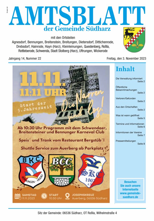 Amtsblatt der Gemeinde Südharz Titelblatt 22/2023