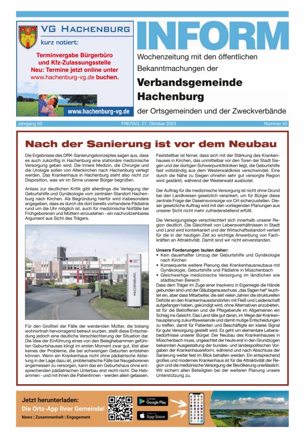 INFORM - Wochenzeitung der Verbandsgemeinde Hachenburg Titelblatt 43/2023