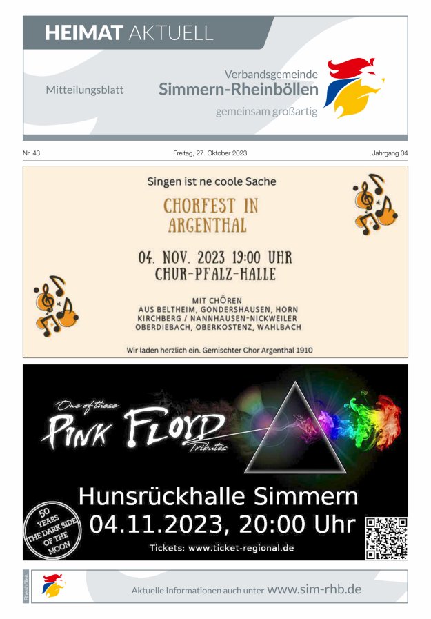 Heimat Aktuell Mitteilungsblatt der VG Simmern-Rheinböllen-Ausg Rheinböllen Titelblatt 43/2023