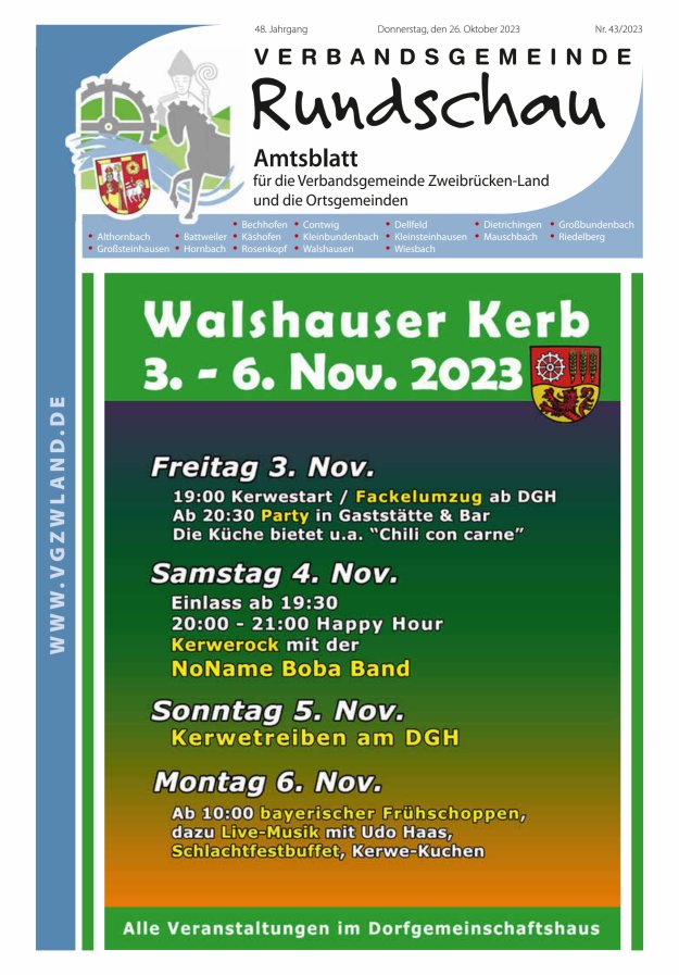 Verbandsgemeinde Rundschau Zweibrücken-Land Titelblatt 43/2023