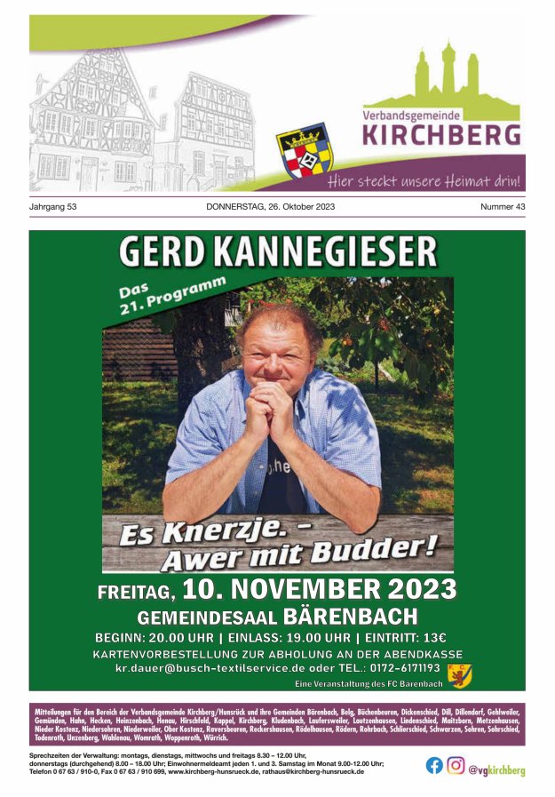 Mitteilungen der Verbandsgemeinde Kirchberg Hunsrück Titelblatt 43/2023