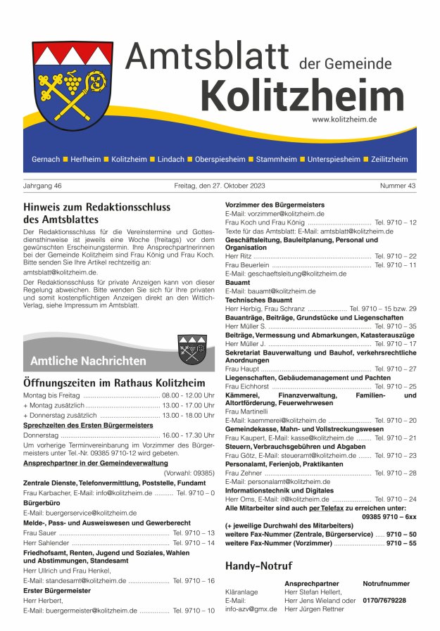 Amtsblatt der Gemeinde Kolitzheim Titelblatt 43/2023