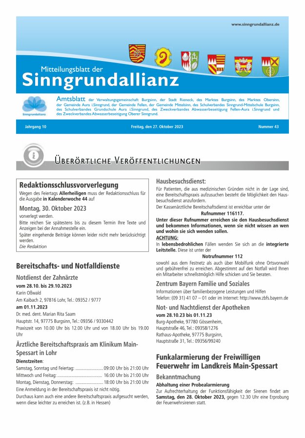 Mitteilungsblatt der Sinngrundallianz Titelblatt 43/2023