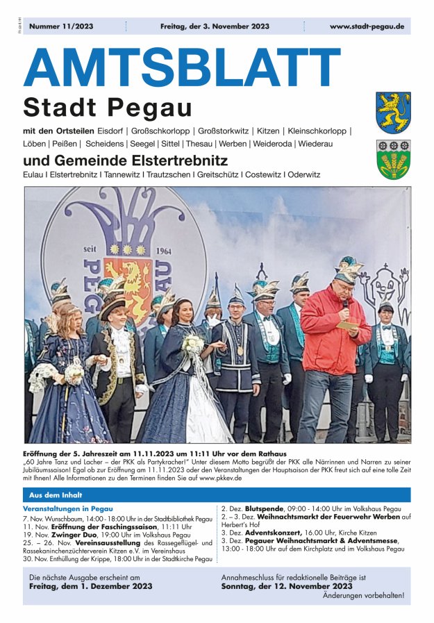 Amtsblatt Stadt Pegau und Gemeinde Elstertrebnitz  Titelblatt 11/2023