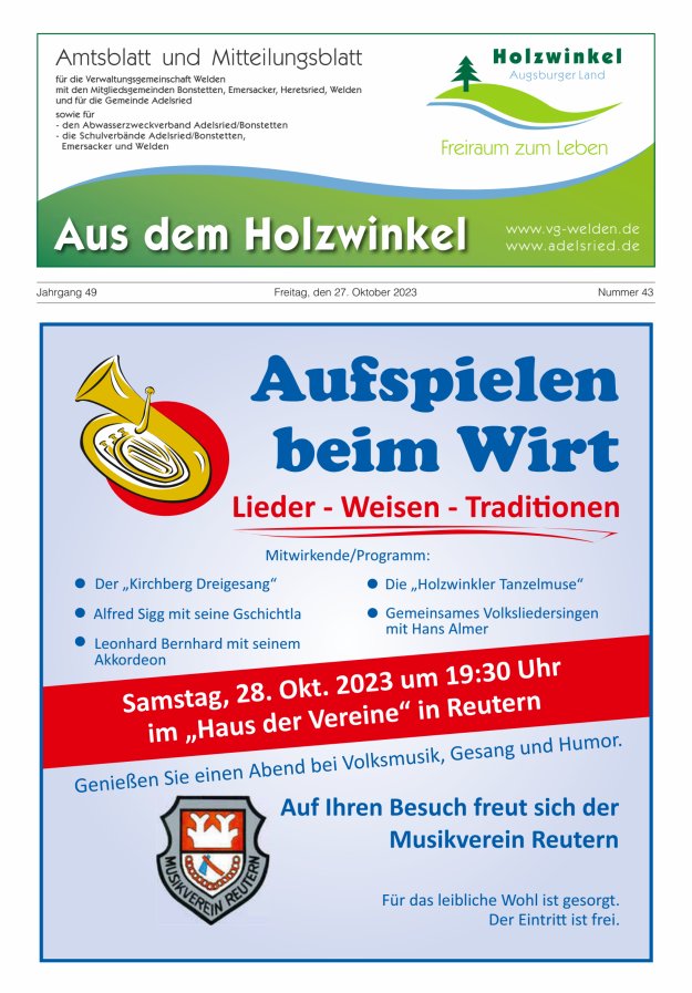 Aus dem Holzwinkel Amtsblatt u Mitteilungsblatt f VG Welden u GemAdelsried Titelblatt 43/2023