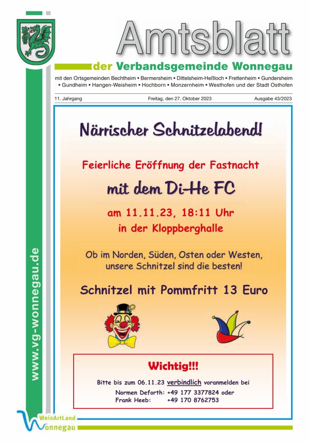 Amtsblatt VG Wonnegau Titelblatt 43/2023