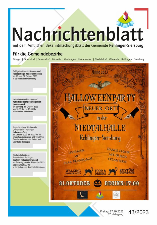 Nachrichtenblatt Rehlingen-Siersburg Titelblatt 43/2023