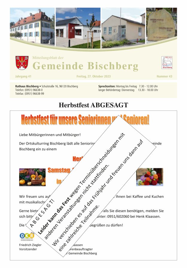 Mitteilungsblatt der Gemeinde Bischberg Titelblatt 43/2023