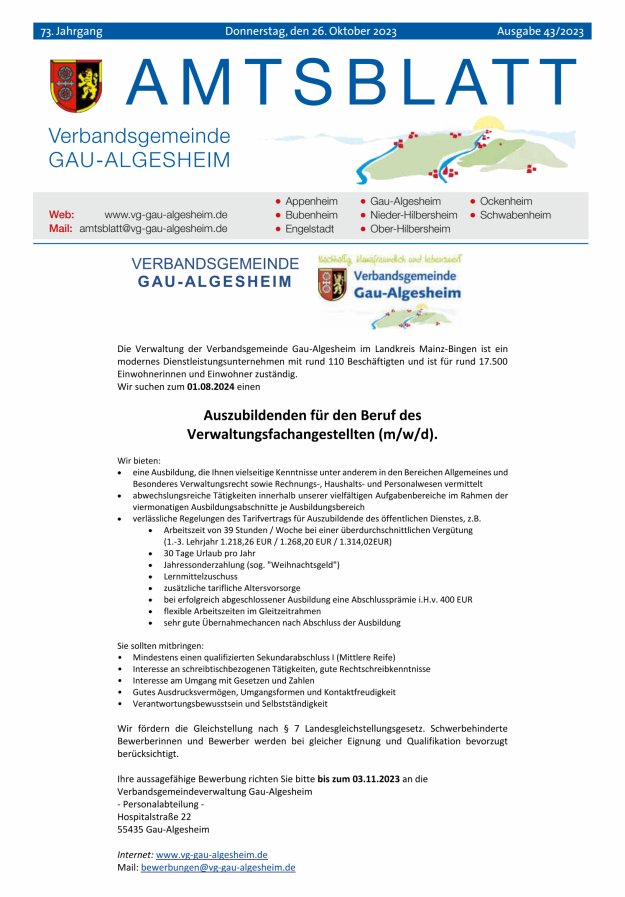 Amtsblatt der VG Gau-Algesheim Titelblatt 43/2023