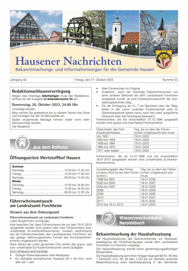Hausener Nachrichten Titelblatt 43/2023