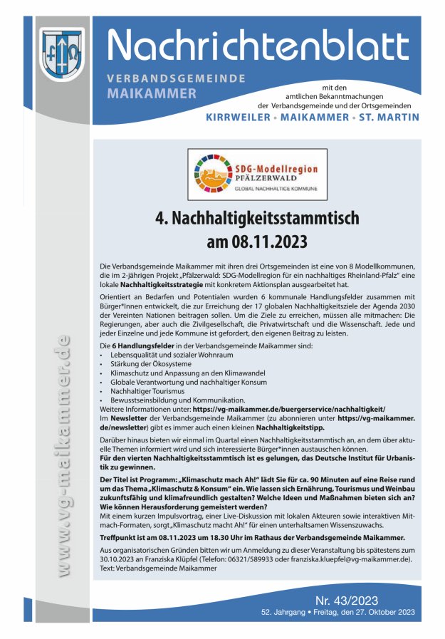 Nachrichtenblatt VG Maikammer Titelblatt 43/2023