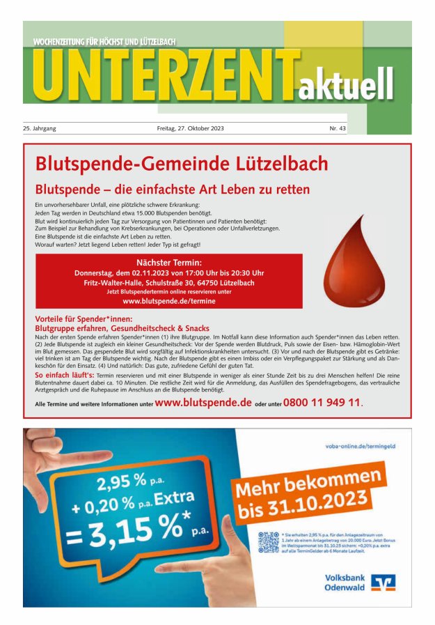 Unterzent aktuell Wochenzeitung für Höchst und Lützelbach Titelblatt 43/2023