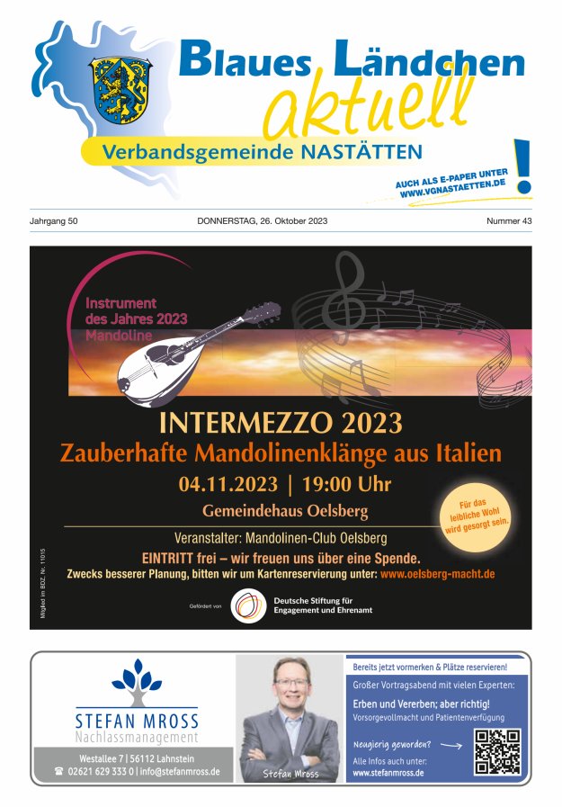 Blaues Ländchen aktuell - Heimat- u Bürgerzeitung VG Nastätten Titelblatt 43/2023