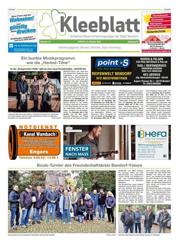 Kleeblatt - Amtliches Bekanntmachungsorgan der Stadt Bendorf Titelblatt 43/2023