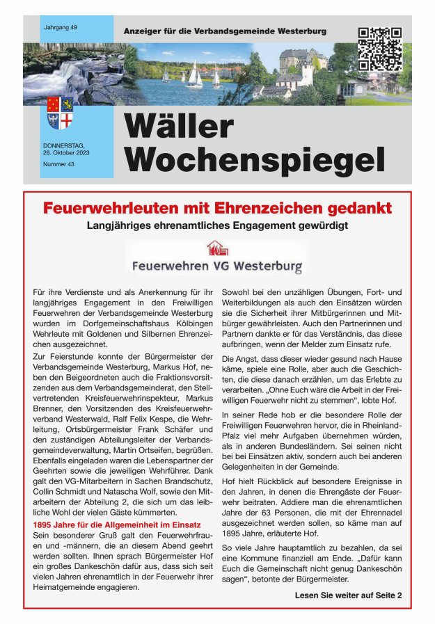 Wäller Wochenspiegel - Anzeiger für die Verbandsgemeinde Westerburg Titelblatt 43/2023