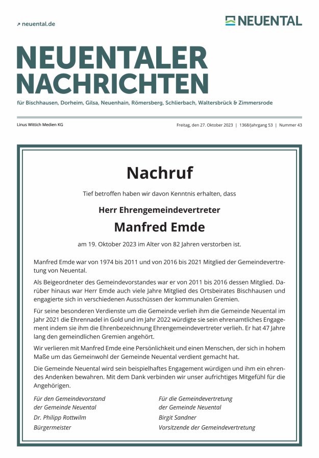 Neuentaler Nachrichten Titelblatt 43/2023