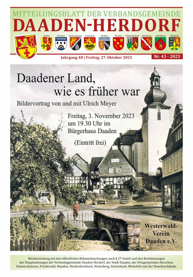 Mitteilungsblatt der Verbandsgemeinde Daaden-Herdorf Titelblatt 43/2023