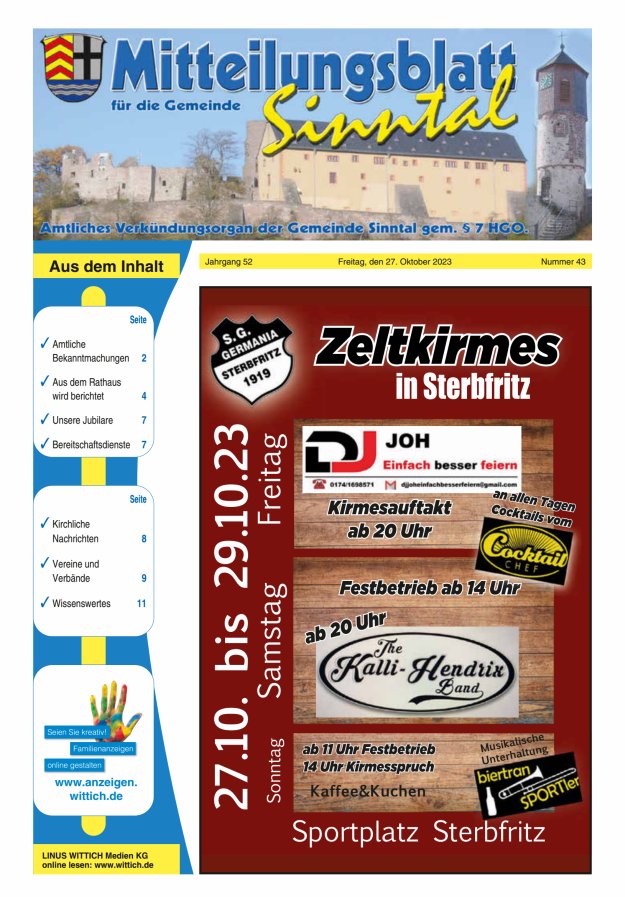 Mitteilungsblatt für die Gemeinde Sinntal Titelblatt 43/2023
