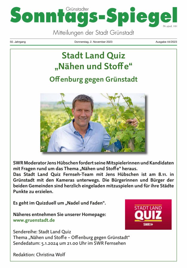 Grünstadter Sonntags-Spiegel Titelblatt 44/2023